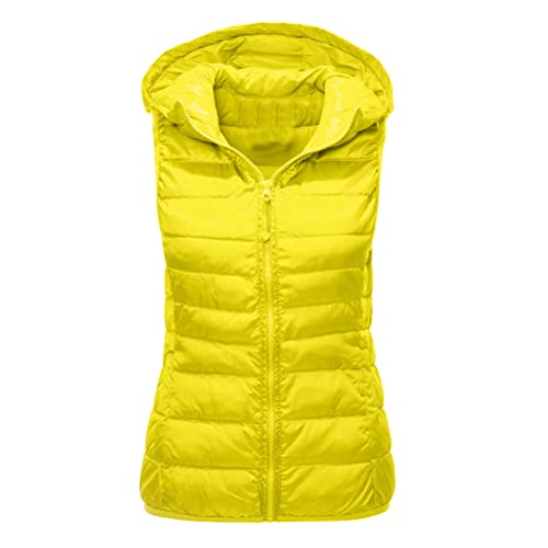 ORANDESIGNE Damen Daunenweste mit Kapuze Taschen Weste Ärmellose Daunenjacke Winter Warm Ultraleicht Weste Übergang Parka Outdoor Weste Übergangsjacke PU Glänzende Steppweste A Gelb M von ORANDESIGNE