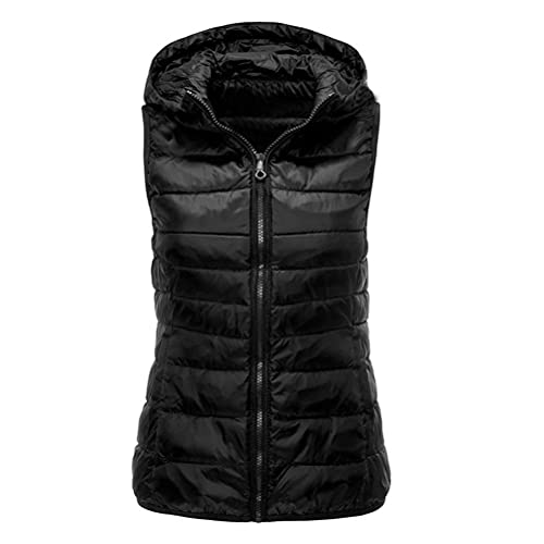 ORANDESIGNE Damen Daunenweste mit Kapuze Taschen Weste Ärmellose Daunenjacke Winter Warm Ultraleicht Weste Übergang Parka Outdoor Weste Übergangsjacke PU Glänzende Steppweste A Schwarz M von ORANDESIGNE