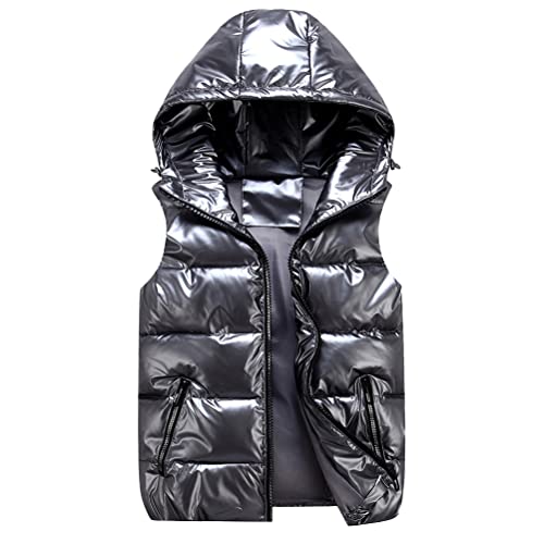 ORANDESIGNE Damen Daunenweste mit Kapuze Taschen Weste Ärmellose Daunenjacke Winter Warm Ultraleicht Weste Übergang Parka Outdoor Weste Übergangsjacke PU Glänzende Steppweste B Grau 3XL von ORANDESIGNE