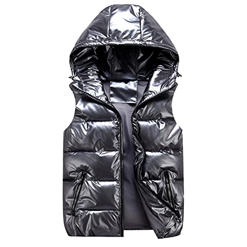 ORANDESIGNE Damen Daunenweste mit Kapuze Taschen Weste Ärmellose Daunenjacke Winter Warm Ultraleicht Weste Übergang Parka Outdoor Weste Übergangsjacke PU Glänzende Steppweste B Grau S von ORANDESIGNE