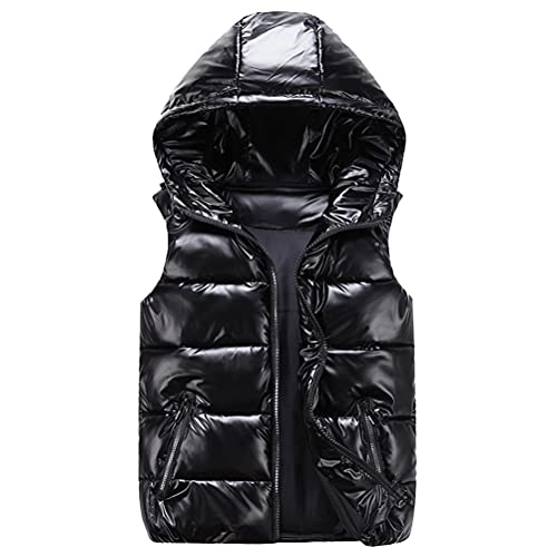 ORANDESIGNE Damen Daunenweste mit Kapuze Taschen Weste Ärmellose Daunenjacke Winter Warm Ultraleicht Weste Übergang Parka Outdoor Weste Übergangsjacke PU Glänzende Steppweste B Schwarz S von ORANDESIGNE