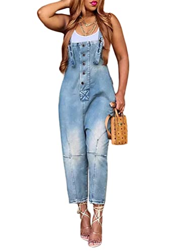 ORANDESIGNE Damen Denim Bib Overalls Lässig Stretch Verstellbar Denim Lätzchen Overall Jeans-Hosen Frauen Lässig Weites Bein Baggy Jumpsuits mit Taschen C Hellblau XS von ORANDESIGNE