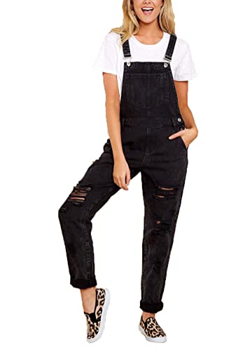 ORANDESIGNE Damen Denim Bib Overalls Lässig Stretch Verstellbar Denim Lätzchen Overall Jeans-Hosen Frauen Lässig Weites Bein Baggy Jumpsuits mit Taschen J Schwarz XXL von ORANDESIGNE