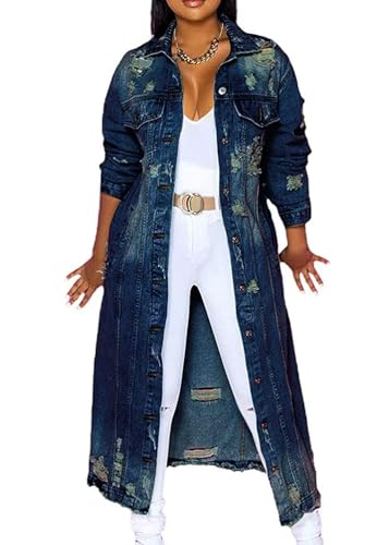 ORANDESIGNE Damen Denim Jacke Einreiher Zerrissene Übergangsjacke Mantel Outwear Trenchcoat Lange Oversize Jeansjacke Jacken I Dunkelblau XXL von ORANDESIGNE