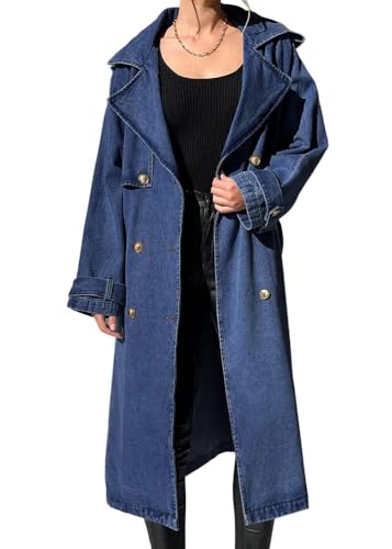 ORANDESIGNE Damen Denim Jacke Einreiher Zerrissene Übergangsjacke Mantel Outwear Trenchcoat Lange Oversize Jeansjacke Jacken J Dunkelblau L von ORANDESIGNE