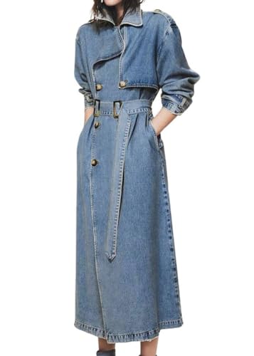 ORANDESIGNE Damen Denim Jacke Einreiher Zerrissene Übergangsjacke Mantel Outwear Trenchcoat Lange Oversize Jeansjacke Jacken K Blau S von ORANDESIGNE