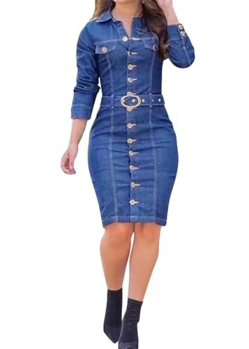 ORANDESIGNE Damen Denim Shirt Kleider Langarm Jeanskleid mit Gürtel Button Down Lässig Lange Tunika Oberteile V-Ausschnitt Minikleid Slim Fit Denim Kleider Freizeitkleider Partykleid C Hellblau M von ORANDESIGNE