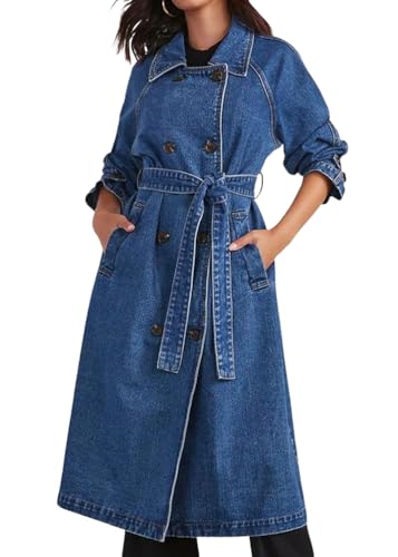 ORANDESIGNE Damen Denim Trenchcoat Jeansjacke ang Elegant Herbst Winter Jeansmantel Lang Knöpfe Revers Zerrissen Jeans Mantel Parka Jacke mit Tasten A Blau S von ORANDESIGNE