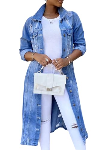 ORANDESIGNE Damen Denim Trenchcoat Jeansjacke ang Elegant Herbst Winter Jeansmantel Lang Knöpfe Revers Zerrissen Jeans Mantel Parka Jacke mit Tasten E Blau L von ORANDESIGNE