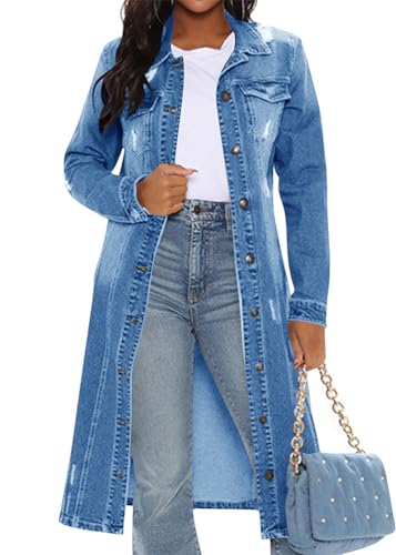 ORANDESIGNE Damen Denim Trenchcoat Jeansjacke ang Elegant Herbst Winter Jeansmantel Lang Knöpfe Revers Zerrissen Jeans Mantel Parka Jacke mit Tasten F Blau M von ORANDESIGNE