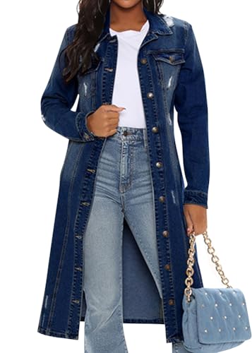 ORANDESIGNE Damen Denim Trenchcoat Jeansjacke ang Elegant Herbst Winter Jeansmantel Lang Knöpfe Revers Zerrissen Jeans Mantel Parka Jacke mit Tasten F Dunkelblau XL von ORANDESIGNE