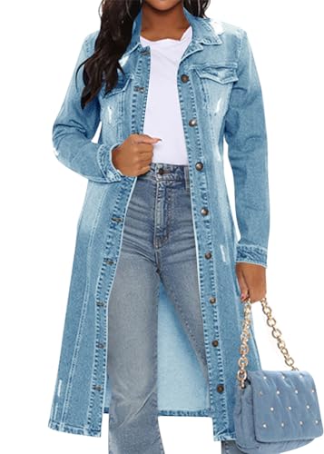 ORANDESIGNE Damen Denim Trenchcoat Jeansjacke ang Elegant Herbst Winter Jeansmantel Lang Knöpfe Revers Zerrissen Jeans Mantel Parka Jacke mit Tasten F Hellblau M von ORANDESIGNE