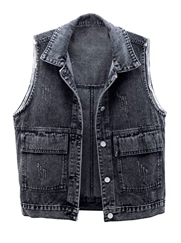 ORANDESIGNE Damen Denim Weste Jacke Ärmellos Einfache Beiläufige Jeansweste Frühling Sommer Weste College Style Jeansjacke mit Kapuze Top Outwear A Schwarz XXL von ORANDESIGNE