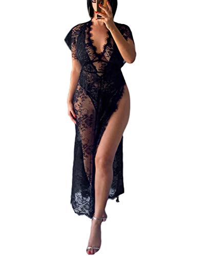 ORANDESIGNE Damen Dessous Kleid Lang Kimono Spitze Negligee Nachtwäsche Transparente Robe Set Cardigan mit Gürtel und G-String Bikini Cover up G Schwarz M von ORANDESIGNE