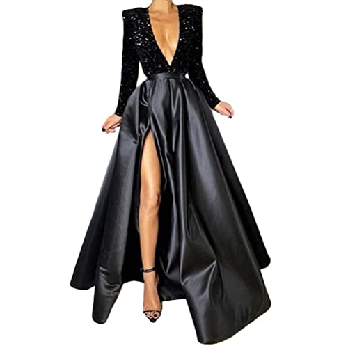ORANDESIGNE Damen Drapiert Rückenfreies Tiefer V-Ausschnitt Schlitz Elegante Plissee Paillettenkleid Maxikleid Abendkleid Ballkleid Schaukelkleid G Schwarz M von ORANDESIGNE