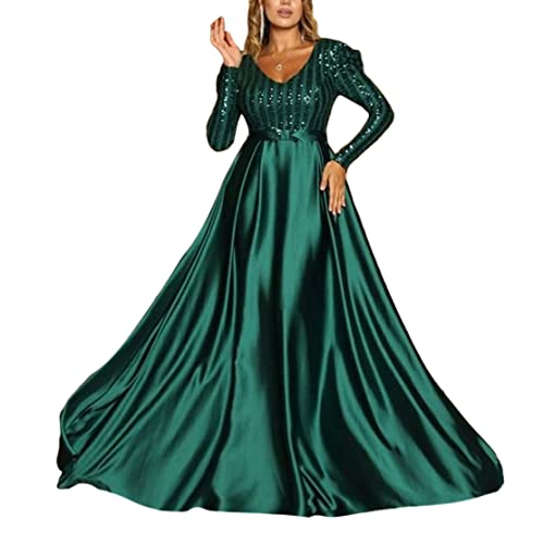 ORANDESIGNE Damen Drapiert Rückenfreies Tiefer V-Ausschnitt Schlitz Elegante Plissee Paillettenkleid Maxikleid Abendkleid Ballkleid Schaukelkleid H Grün M von ORANDESIGNE