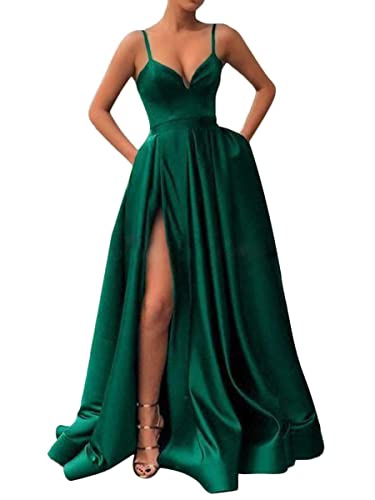 ORANDESIGNE Damen Drapiert Spaghettiträger Rückenfreies V-Ausschnitt Schlitz Elegante Maxikleid Abendkleid Fliederfarben Ballkleid A Grün M von ORANDESIGNE