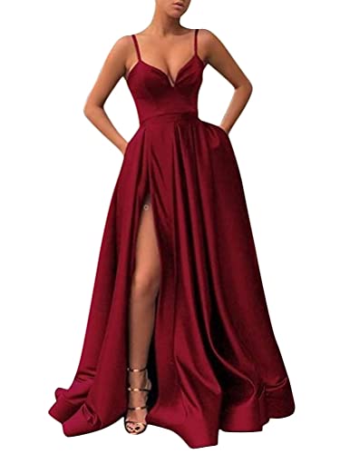 ORANDESIGNE Damen Drapiert Spaghettiträger Rückenfreies V-Ausschnitt Schlitz Elegante Maxikleid Abendkleid Fliederfarben Ballkleid A Weinrot L von ORANDESIGNE