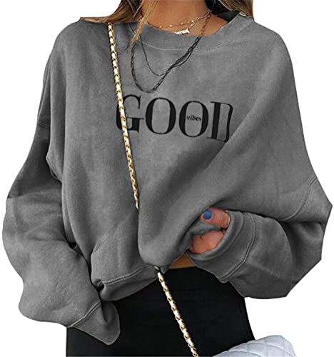 ORANDESIGNE Damen Dunkelgrau Good Vibes Sweatshirt Buchstaben Druck Langarm Rundhals Pullover Bauchfrei Warm Pulli Oversized Casual Bequem Teenager Mädchen Hoodie Sportbekleidung A Dunkelgrau XL von ORANDESIGNE