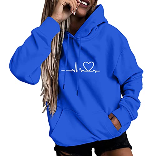 ORANDESIGNE Damen EKG Herz Drucken Kapuzenpullover Pullover Pulli Kleine Dinosaurier Hoodie Sweatshirt mit Kapuze Tasche Sweater Langarm Hoody Oversize Herbst Winter Locker Fit Warm C Blau M von ORANDESIGNE