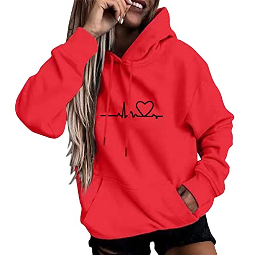 ORANDESIGNE Damen EKG Herz Drucken Kapuzenpullover Pullover Pulli Kleine Dinosaurier Hoodie Sweatshirt mit Kapuze Tasche Sweater Langarm Hoody Oversize Herbst Winter Locker Fit Warm C Rot XXL von ORANDESIGNE