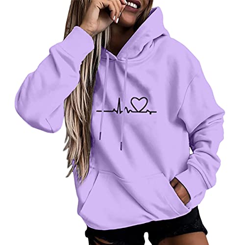 ORANDESIGNE Damen EKG Herz Drucken Kapuzenpullover Pullover Pulli Kleine Dinosaurier Hoodie Sweatshirt mit Kapuze Tasche Sweater Langarm Hoody Oversize Herbst Winter Locker Fit Warm C Violett XXL von ORANDESIGNE