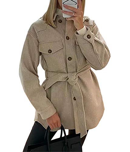 ORANDESIGNE Damen Einfarbig Taschen Knöpfen Langarm Oversize Bluse Mantel Hemdjacke Mode Boyfreind Wolljacke mit Gürtel A Beige M von ORANDESIGNE