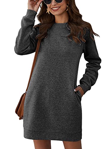 ORANDESIGNE Damen Einfarbiger Pullover Kleid Rundhals Lange Ärmel Lässiger Pullover Sweatshirt Kleid Tops Herbst Winter Kurz Kleid Sweatkleid mit Taschen Minikleid Dunkelgrau XXL von ORANDESIGNE