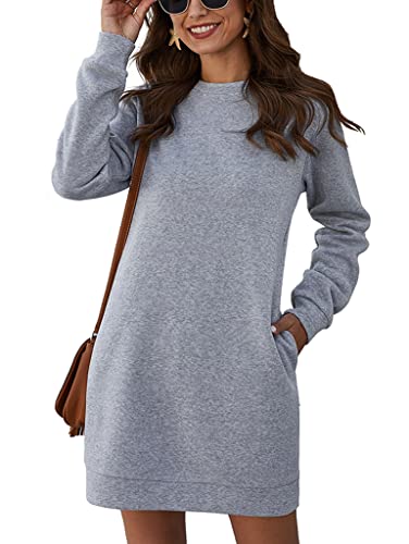 ORANDESIGNE Damen Einfarbiger Pullover Kleid Rundhals Lange Ärmel Lässiger Pullover Sweatshirt Kleid Tops Herbst Winter Kurz Kleid Sweatkleid mit Taschen Minikleid Grau XL von ORANDESIGNE