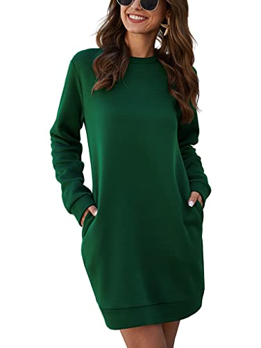 ORANDESIGNE Damen Einfarbiger Pullover Kleid Rundhals Lange Ärmel Lässiger Pullover Sweatshirt Kleid Tops Herbst Winter Kurz Kleid Sweatkleid mit Taschen Minikleid Grün S von ORANDESIGNE