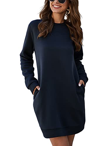 ORANDESIGNE Damen Einfarbiger Pullover Kleid Rundhals Lange Ärmel Lässiger Pullover Sweatshirt Kleid Tops Herbst Winter Kurz Kleid Sweatkleid mit Taschen Minikleid Marine XL von ORANDESIGNE