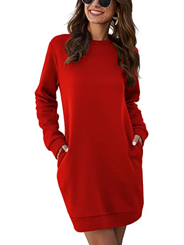 ORANDESIGNE Damen Einfarbiger Pullover Kleid Rundhals Lange Ärmel Lässiger Pullover Sweatshirt Kleid Tops Herbst Winter Kurz Kleid Sweatkleid mit Taschen Minikleid Rot L von ORANDESIGNE