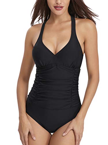 ORANDESIGNE Damen Einteilige Einfarbig Badeanzug Monokini Push Up Figurformende Verstellbarer Schultergurt Badeanzüge Falten Bademode Schwimmanzug A Schwarz 36 von ORANDESIGNE