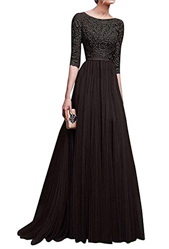 ORANDESIGNE Damen Elegant 3/4 Ärmel Kurzarm Brautjungfern Kleid Floral Spitzen Abendkleid Dress Maxikleid Lang Tüllkleid Ballkleid Cocktail Hochzeit Schwarz XL von ORANDESIGNE