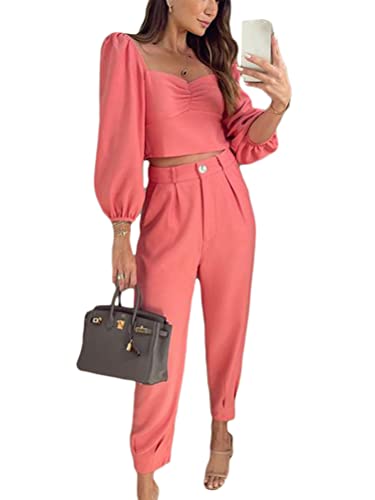 ORANDESIGNE Damen Elegant Business Anzug Set Hosenanzug Crop Top Bluse mit Liebeskragen Laternenärmel Freizeithosen 2-Teilig Anzug Zweiteiler Streetwear A Rosa XS von ORANDESIGNE