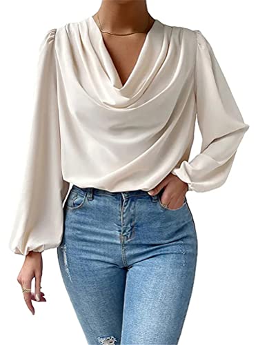 ORANDESIGNE Damen Elegant Business Chiffonbluse Langarmshirt T-Shirt mit V-Ausschnitt Einfarbig Drapiertem Chiffon Hemd Lässiges Oberteile Falten Tops Laternenärmel Bluse Tunika A Aprikose M von ORANDESIGNE