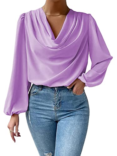 ORANDESIGNE Damen Elegant Business Chiffonbluse Langarmshirt T-Shirt mit V-Ausschnitt Einfarbig Drapiertem Chiffon Hemd Lässiges Oberteile Falten Tops Laternenärmel Bluse Tunika A Violett 3XL von ORANDESIGNE