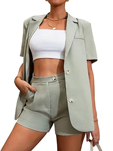 ORANDESIGNE Damen Elegant Business Shorts Anzug Set Hosenanzug Blazer Hose 2-teilig Anzug Einfarbig Zweiteiler Slim Fit Streetwear C Grün M von ORANDESIGNE