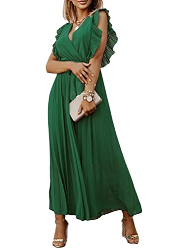 ORANDESIGNE Damen Elegant Chiffon Maxi Kleid Hohe Taille Langes Abendkleid Partykleid Hochzeit Brautjungfer Brautkleid Cocktail Festliches Kleid Boho V-Ausschnitt Kurzarm Sommerkleid B Grün M von ORANDESIGNE