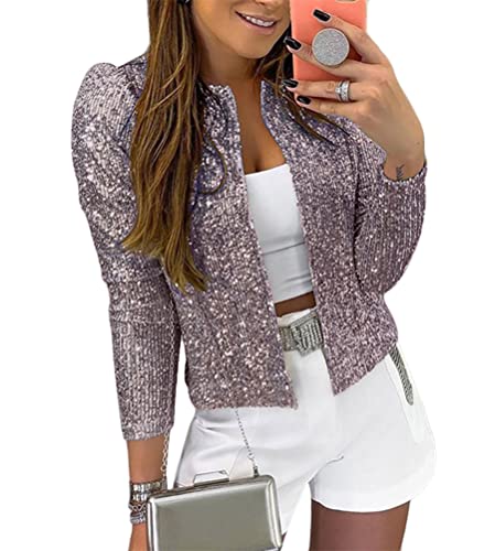 ORANDESIGNE Damen Elegant Langarm Blazer Sakko Einfarbig Slim Fit Pailletten Jacke Kurz Mantel Anzüge Bolero Party Outwear Cardigan Tops Grau 42 von ORANDESIGNE