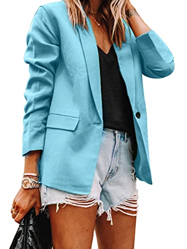 ORANDESIGNE Damen Elegant Langarm Blazer Sommer Jacke Blazer Sakko Einfarbig Slim Fit Revers Geschäft Büro Jacke Kurz Mantel Anzüge Bolero mit Tasche Blau 3XL von ORANDESIGNE