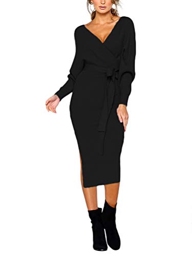 ORANDESIGNE Damen Elegant Pulloverkleid Strickkleid Tunika Midi V Ausschnitt Langarm Rückenfrei Partykleid Mit Gürtel Schwarz 46 ORANDESIGNE Damen Elegant Pulloverkleid Strickkleid Tunika Midi V Ausschnitt Langarm Rückenfrei Partykleid Mit Gürtel Schwarz 46 von ORANDESIGNE