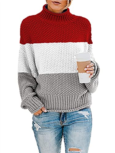 ORANDESIGNE Damen Elegant Rollkragenpullover Oversize Langarm Beiläufige Grobstrickpullover Strickpullover Sweatshirts B Rot L von ORANDESIGNE