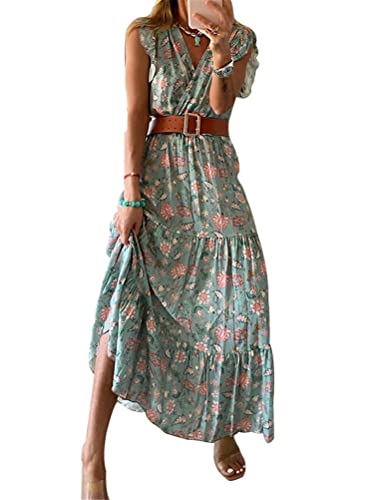 ORANDESIGNE Damen Elegant Sommerkleider Lange Kleid Rüschen Blumen Langarm V-Ausschnitt Hohe Taille Maxikleid Partykleid H Grün S von ORANDESIGNE