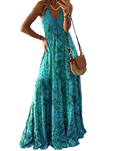 ORANDESIGNE Damen Elegant Sommerkleider Lange Kleid Rüschen Blumen V-Ausschnitt Maxikleid Hohe Taille Partykleid Sommerkleider Boho Kleid Swing Strandkleid C Blau, L c von ORANDESIGNE