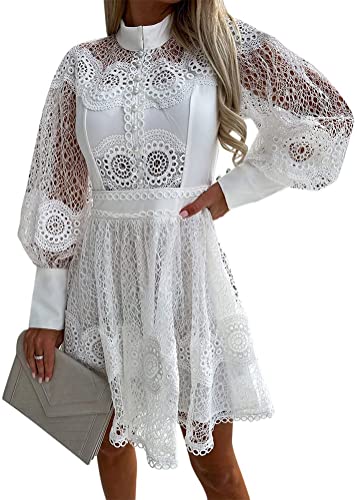 ORANDESIGNE Damen Elegant Spitzenkleid V-Ausschnitt Minikleid Langarm A-Linie Kleider Hohe Taille Kurzkleid Casual Skaterkleid A Weiß L von ORANDESIGNE