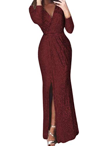 ORANDESIGNE Damen Festlich Hochzeit Kleid Langes Elegant V-Ausschnitt Langarm Glänzend Brillant Abendkleid Cocktailkleid Partykleid Ballkleid Maxikleid A Weinrot 44 von ORANDESIGNE