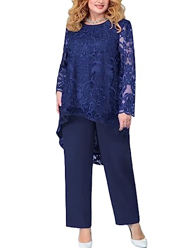 ORANDESIGNE Damen Festlich Hochzeit Party Cocktail Tüll Abendanzug Festliche Hosenanzüge für Damen Spitzen Chiffon Hosenanzug Damen Elegant 2 Teiler Sets Damen Outfit Frauen Abendmode A Dunkelblau XL von ORANDESIGNE