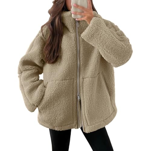 ORANDESIGNE Damen Fleece Jacke Einfarbig Teddyfleece Outdoor Bekleidung Stehkragen Kuschelige Reißverschluss Fleecemantel mit Taschen A Dunkelkaffee S von ORANDESIGNE