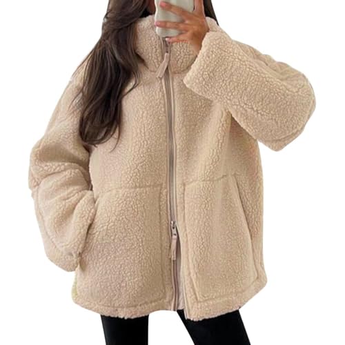 ORANDESIGNE Damen Fleece Jacke Einfarbig Teddyfleece Outdoor Bekleidung Stehkragen Kuschelige Reißverschluss Fleecemantel mit Taschen A Hellkaffee S von ORANDESIGNE